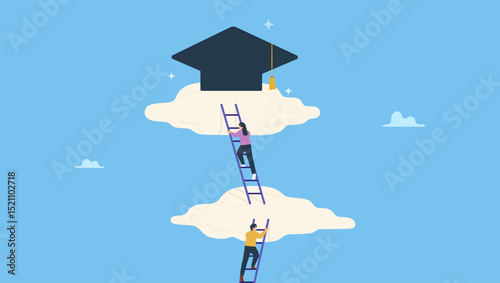 Young adult students climb up ladder to reach graduate mortarboard hat, toga. Degree achievement, graduation or college, university diploma, school or learning classroom, wisdom or scholar.