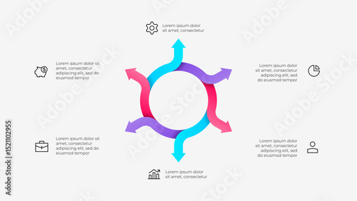 Circular infographic design featuring vibrant 6 arrow shapes, symbols for finances and business, suitable for presentations and data visualization