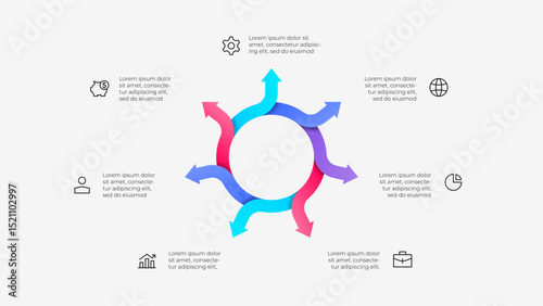 Cycle infographic with 7 arrows pointing in various directions surrounded by business icons, ideal for corporate presentations, data visualization, and highlighting workflow processes