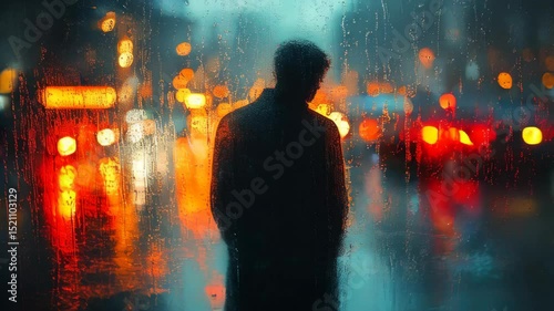 Wallpaper Mural A silhouette of a man can be seen standing under the rain, gazing through a wet window. The colorful lights of the city streets create a vibrant yet moody atmosphere at night. Torontodigital.ca