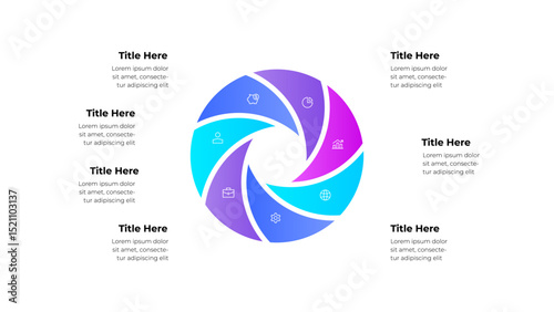 Infographic illustration featuring a circular layout with 7 sections displaying icons and text. Ideal for presentations, business strategies, and graphic designs emphasizing information clarity
