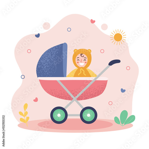Cute baby in stroller – vector illustration, baby carriage, newborn concept