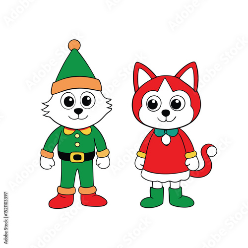 Cat And Dog Duo In Red And Green Holiday Costumes Vector Illustration