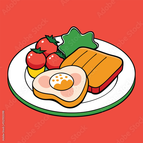 Christmas Breakfast Plate Eggs Red Toast Green Vector Illustration
