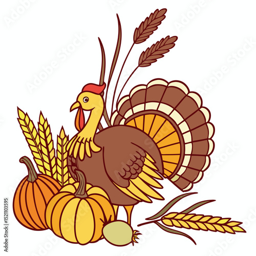 Festive thanksgiving illustration featuring a turkey pumpkins and wheat elements on white background
