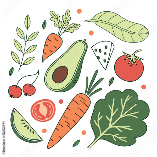 Illustrated healthy food collection featuring avocado carrot tomato spinach cherry and cheese