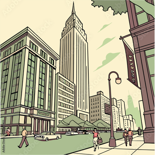 Retro style illustration of new york city street scene depicting iconic skyscrapers and people