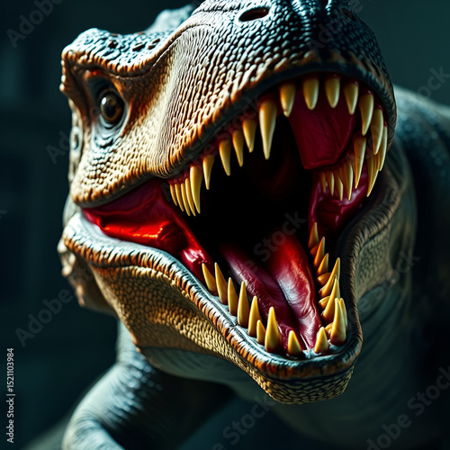 An intense and vivid image of a roaring dinosaur exhibiting its sharp teeth and primal instincts, showcasing its raw power and an intimidating, lifelike presence.