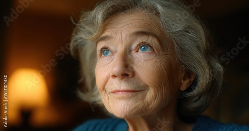 Senior woman looks upward with thoughtful expression. Older female, aging gracefully, serenity, hope, contemplation, wistful mood