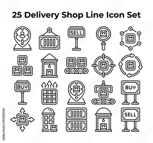 Twentyfive delivery shop line icons form a neat set.