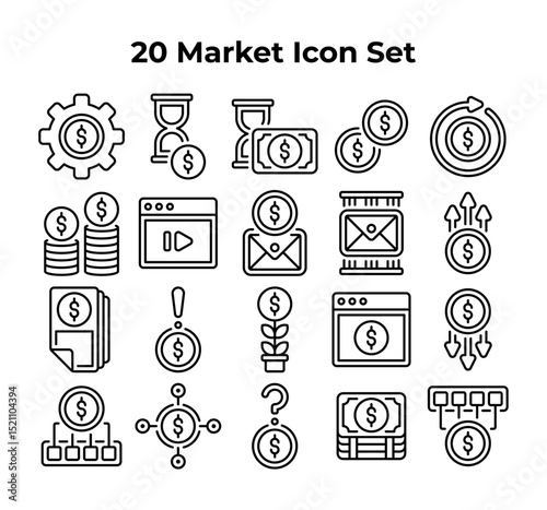 Twenty marketrelated line drawings depict money finance and growth.