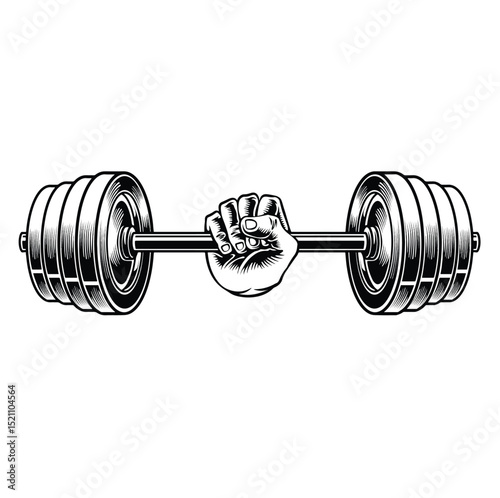 barbell with hand black and white line art style vector illustration