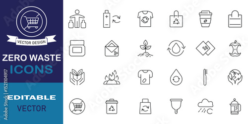 Set of 24 zero waste icons. Collection of eco, including recycling, pollution, landfill, waste management, composting, trash and more outline symbol. Editable vector illustration.