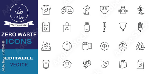 Zero waste icon set. Collection of eco, including recycling, pollution, landfill, waste management, composting, trash and more outline symbol. Vector illustration.