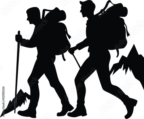Silhouette of Hikers with Backpacks in Mountain Landscape | Hiking Adventure Vector Art EPS