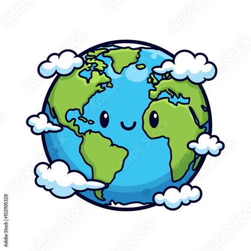 Cute Cartoon Earth Globe with Clouds Environment and Geography Illustration