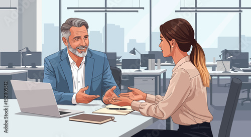 Mature Businessman and Young Businesswoman Discussing Project in Modern Office
