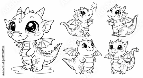 Cute Baby Dragons Line Art Collection for Coloring Pages