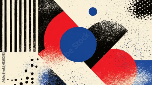 Abstract geometric composition featuring red, blue, and black shapes on a cream background