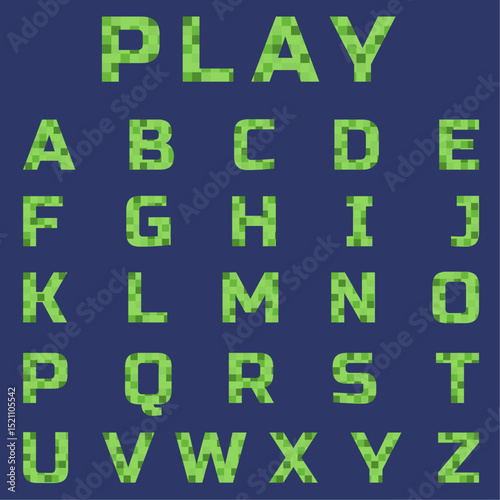 Green pixel alphabet, block vector font. Digital pixel art text. Retro arcade style letters