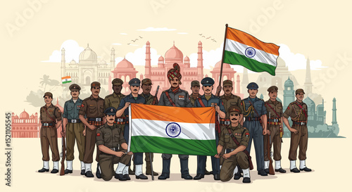 Indian Soldiers Honoring India with National Flag at Taj Mahal
