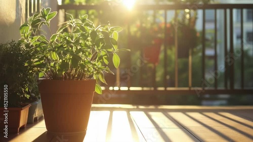 Potted plant basking in sunlight on balcony during morning hours  