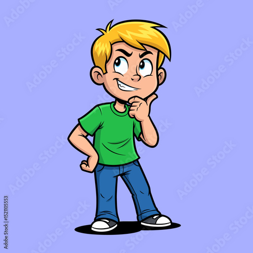 Cartoon Boy with Blond Hair Thinking Deeply About Something