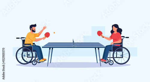 Two People with Disability Playing Table Tennis Wheelchair Sport