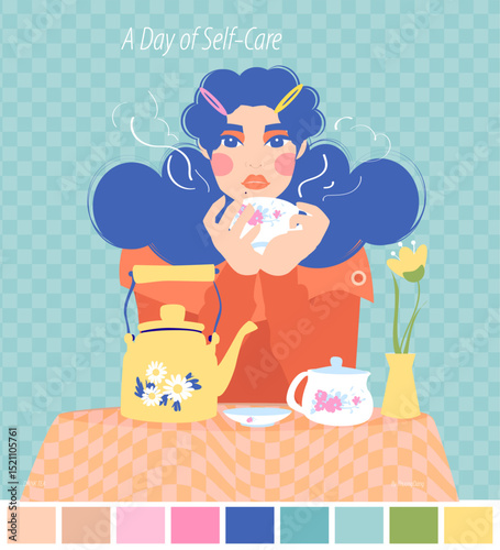 “Flat Hand-Drawn Illustration – Self-Care Tea Time Moment | Pastel colors