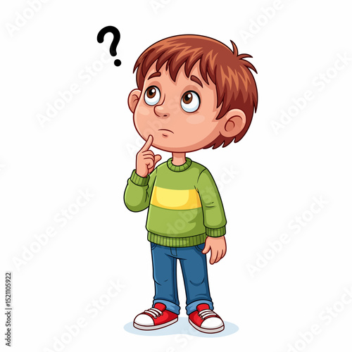 Cartoon Boy Thinking Hard with Question Mark Over Head Character