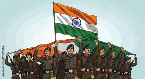 Indian Soldiers with Flag Patriotic Celebration National Pride Illustration
