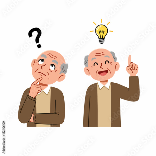 Senior Man with Question Mark and Lightbulb Idea Concept