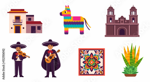 Vibrant Mexican Culture Icons Set Celebration and Traditional Elements