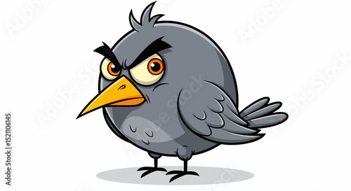 Annoyed Gray Cartoon Bird Isolated Against White Background Illustration