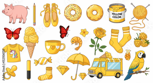 Collection of yellow and pink objects on white background