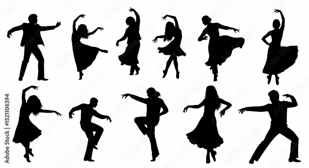 Silhouetted Dancers Performing Diverse Dance Styles Set On White Background Silhouetted Dancers Performing Diverse Dance Styles Set On White Background