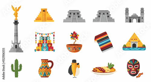 Vibrant Mexico Landmarks and Cultural Icons Flat Vector Illustration