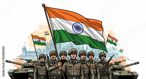 Indian Soldiers with Tanks and National Flag Independence Day Illustration