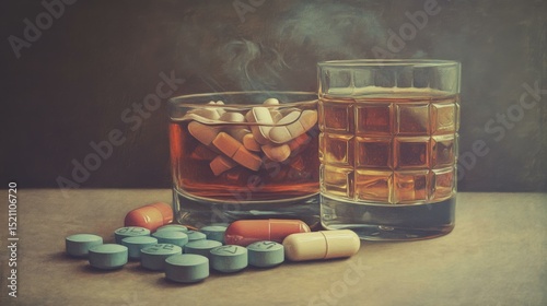 A glass of whiskey beside a bowl of assorted pills, with a smoky background creating a moody atmosphere