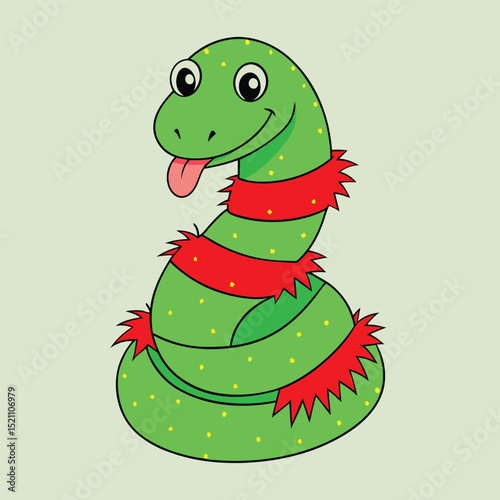 Cute Snake Wrapped In Green Tinsel With Red Tongue Vector Illustration