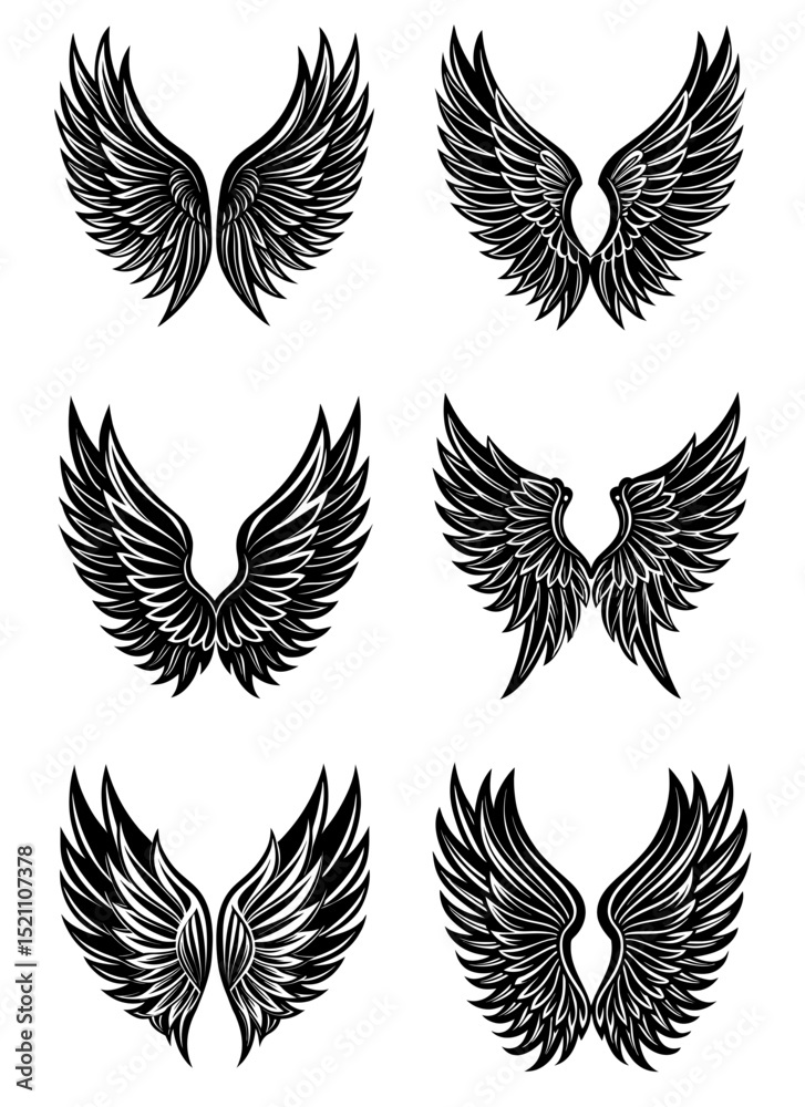 Black Wing Icon Collection on White Background. Set of Feathered Bird and Angel Wings in Silhouette Style. Flight and Freedom Logo Elements in Vector Format for Modern Design Projects
Black Wing Icon Collection on White Background. Set of Feathered Bird and Angel Wings in Silhouette Style. Flight and Freedom Logo Elements in Vector Format for Modern Design Projects