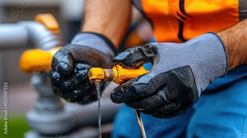 Worker repairing a water pipe with a wrench in a residential area, water flowing visibly