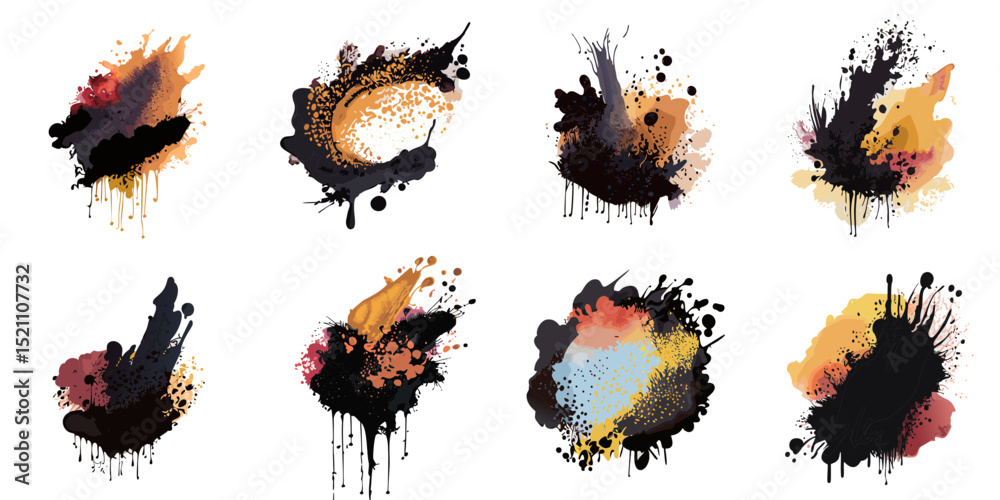 Multiple vector illustrations black splash, watercolor style
