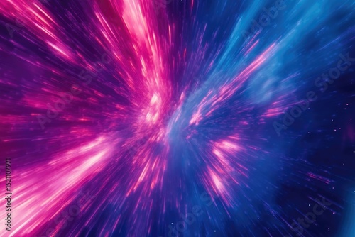 Hyperspace jump, vibrant pink and blue streaks of light radiating from a central point, cosmic speed and energy.