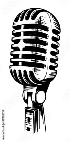 Black and white illustration of a retro studio microphone for sound recording and broadcasting on a white isolated background. Vector graphics. EPS.