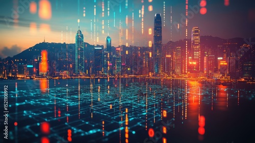 Futuristic city skyline at dusk with digital data streams flowing over a glowing grid, showcasing technology