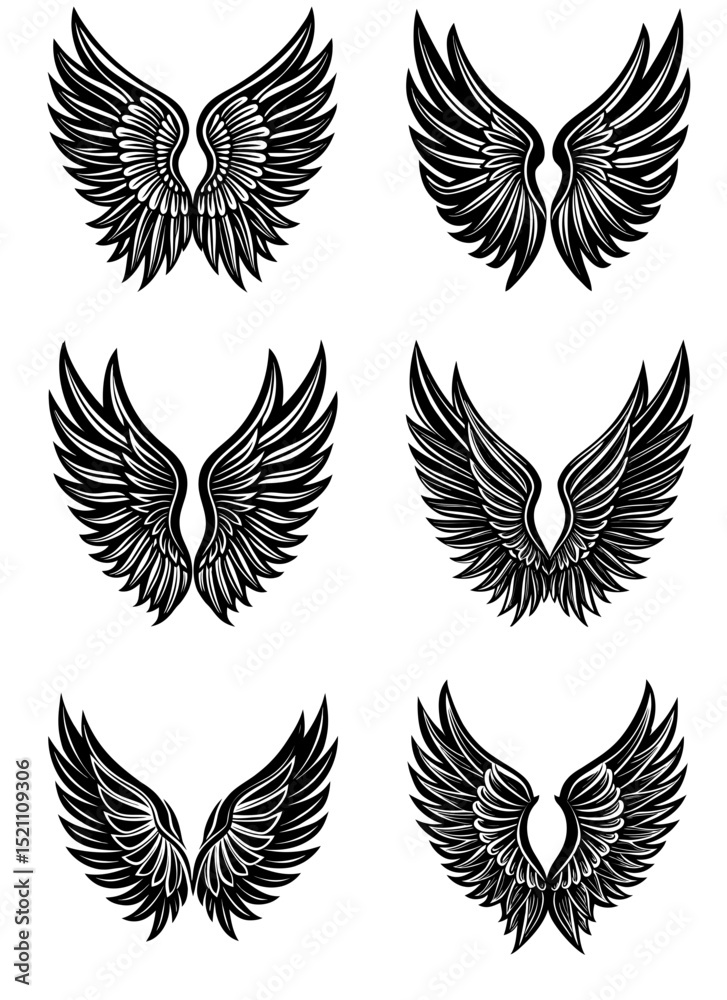 Black wings icon set. Bird wings, angel wings, and feather silhouettes for logo design or tattoo art. Stylish set isolated on white background. High-quality flat vector illustration.
Black wings icon set. Bird wings, angel wings, and feather silhouettes for logo design or tattoo art. Stylish set isolated on white background. High-quality flat vector illustration.