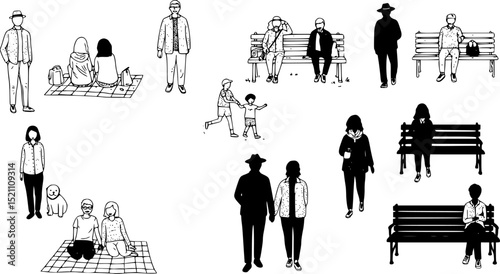 人々の手描きイラストセット　休日の公園
