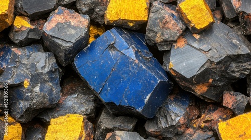 Close-up view of vibrant mineral rocks featuring blue and yellow hues, showcasing natural textures