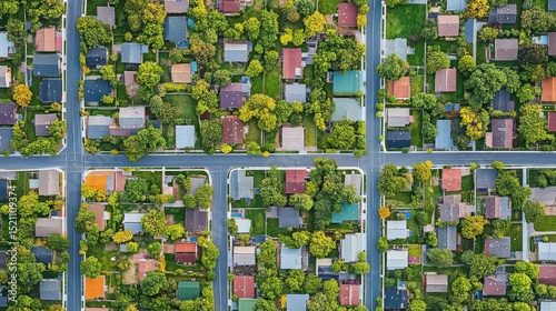 Aerial view of a suburban neighborhood showcasing colorful houses surrounded by lush greenery